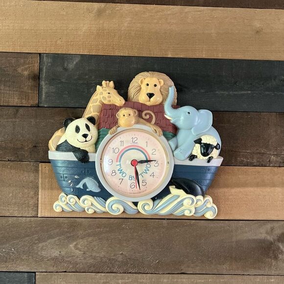 Vintage Noah's Ark Wall Clock Nursery Room Two By Two Rainbow Kids Time Working - Picture 2 of 7